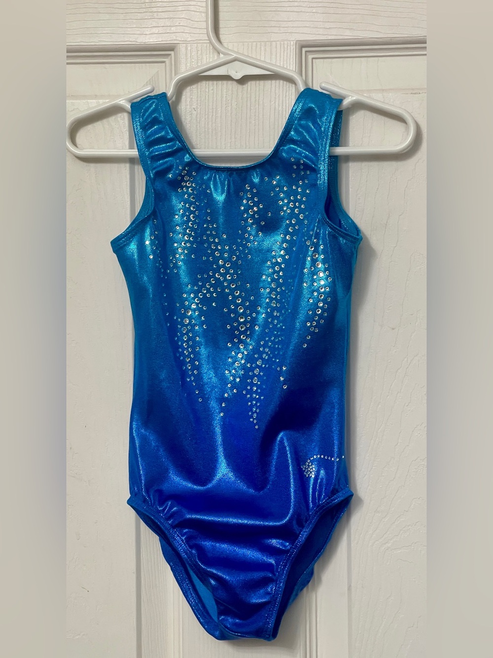 Destira Gymnastics Dance Figure Eight Leotard Turquoise Foil Rhinestones Size XS